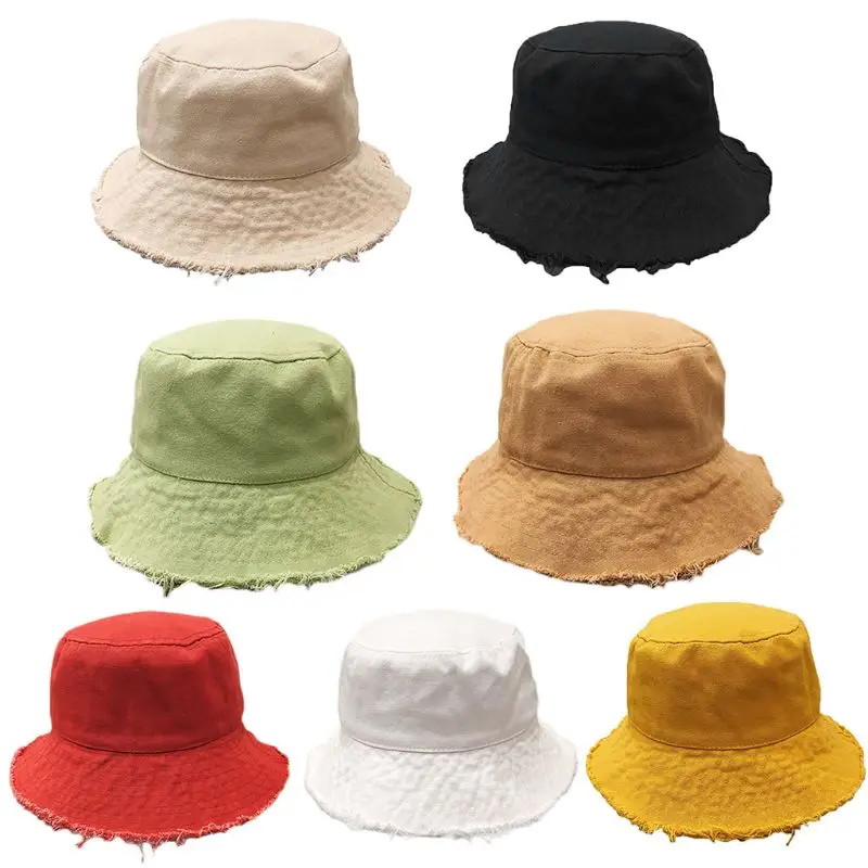 

Women Sunscreen Cotton Bucket Hat Vintage Frayed Tassels Wide Brim Fisherman Cap B95F