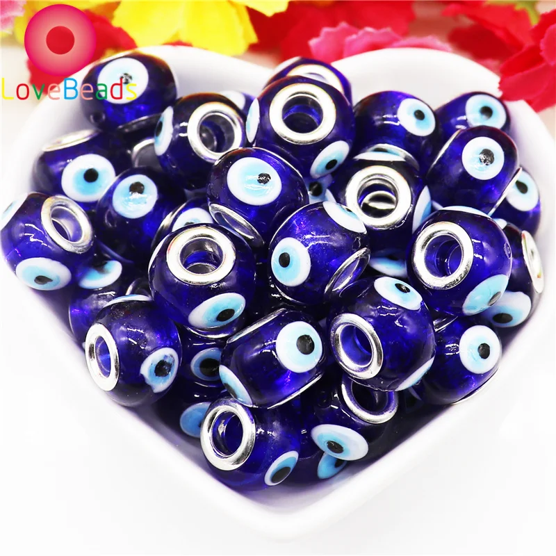 

10Pcs Evil Eye Blue Color Rondelle Murano Lampwork Glass Large Hole Spacer Beads Fit Pandora Bracelet Pendant Charms DIY Jewelry