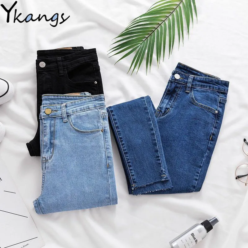 2020 размера плюс пуговица Для женщин джинсы Высокая Талия синие штаны для высокие