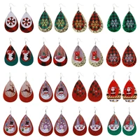 2022 wholesale christmas leather earrings double drop red green christmas tree old man snowman elk female earrings