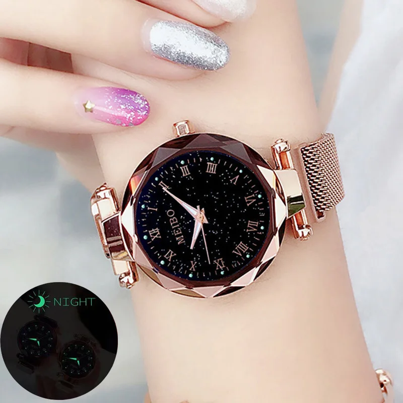Женские наручные часы reloj mujer розовое золото магнитные кварцевые звездного неба