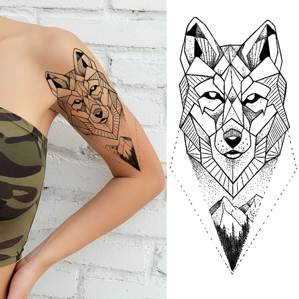 

DIY Geometric Wolf Temporary Tattoos Sticker Waterproof Fake Coyote Mountain Tatoos For Men Women Body Art Arm Totem Tattoos