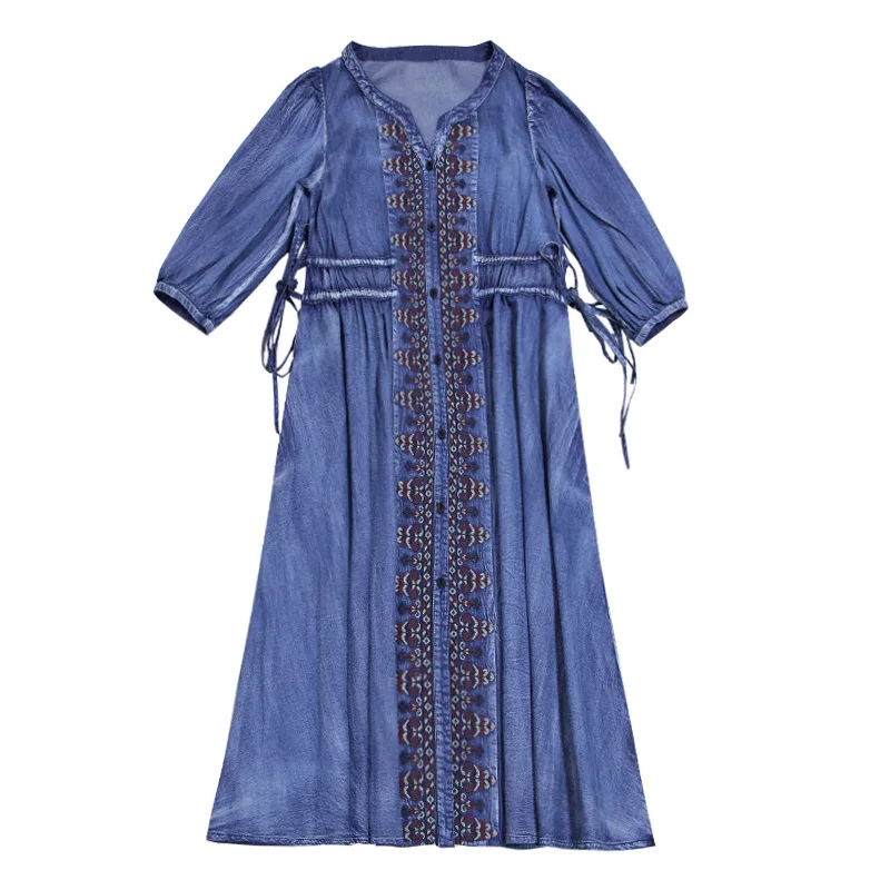 

Summer Embroidery Denim Dress Women V-neck Half Sleeve Knee-length Drawstring Waist Vintage Midi Dress Bohemia Vestido Mujer