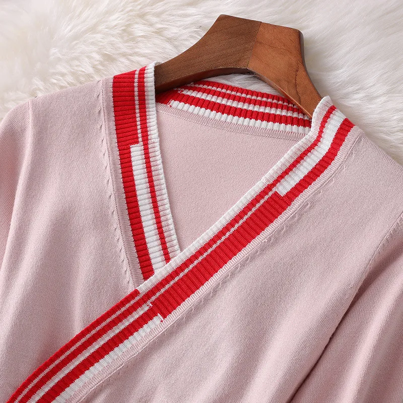 New Fashion Fall Winter Dress Woman Clothes 2019 Elegant Long Sleeve V Neck Lace Up Pleated Knitting Sweater Casual | Женская одежда
