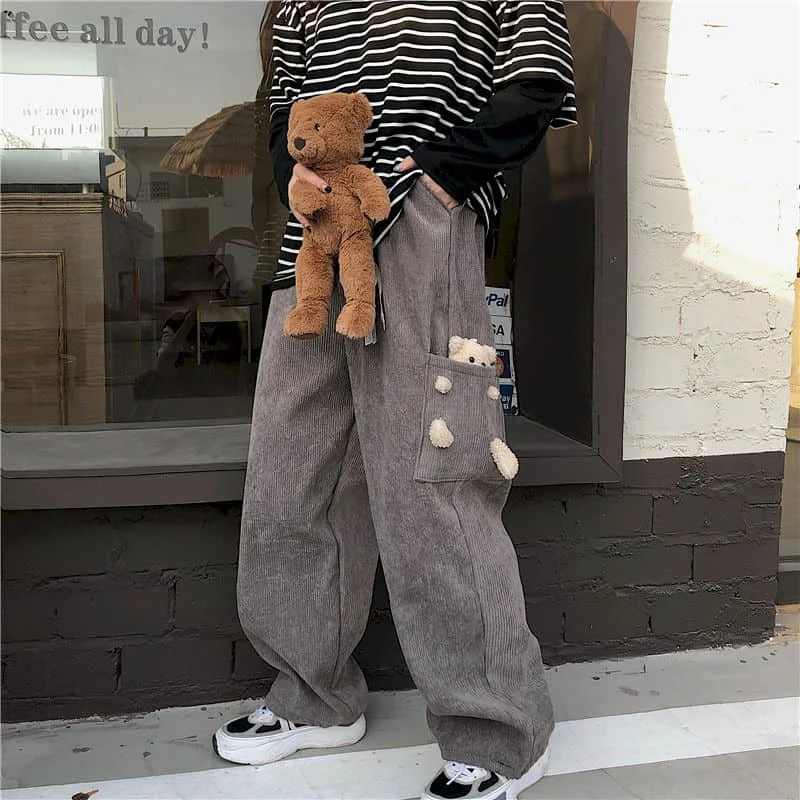 

New Autumn Spring Harajuku Men's Straight Pants With Bear Wide-Leg Pants Women Loose Casual Unisex Trousers Streetwear Clothing