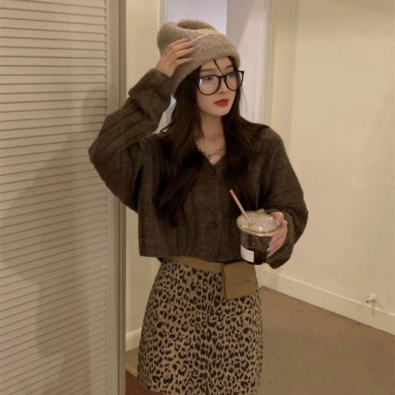 Женский корейский Кардиган кофейный однобортный шерстяной короткий вязаный