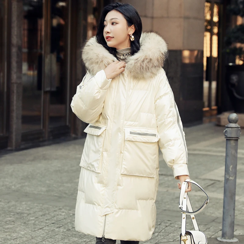 

Куртка женская зимняя длинная пуховая с капюшоном и меховым воротником, 2021