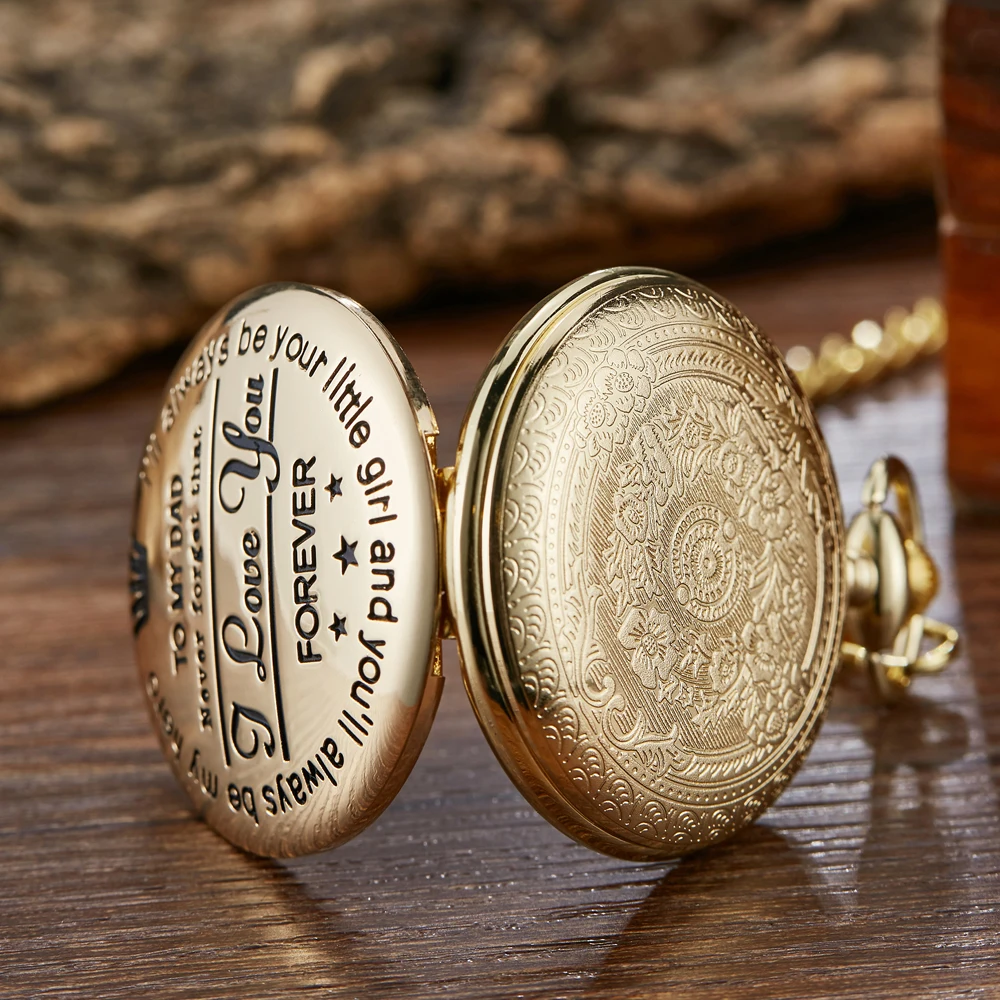 To My Dad I Love You Black Gold Unique Quartz Pocket Fob Watch Necklace Chain Pendant Antique Men Father's Day Present Box Gift