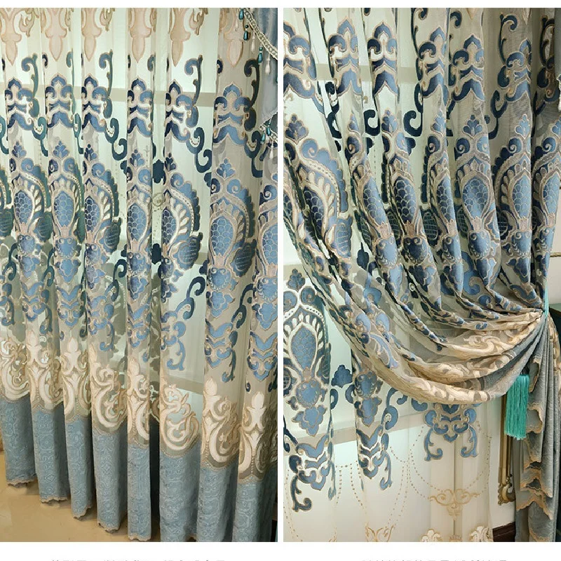

European-style Luxury Curtains for Living Room Bedroom Floor-to-ceiling Water-soluble Hollow Embroidered Villa Curtains Custom