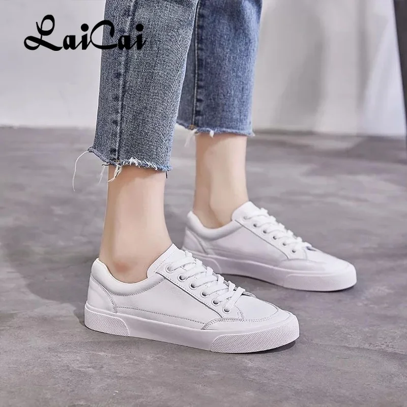 

LaiCai Women's Casual Vulcanize Shoes White Genuine Leather 2021 Sport Walking Running Summer Platform Flats Shoe Woman Sneakers