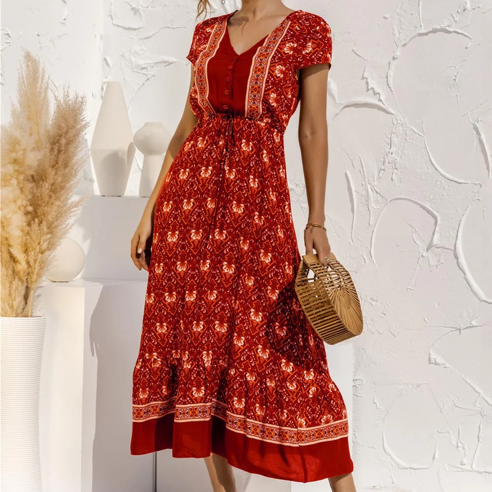 

Women Summer Maxi Dress V Neck Floral Print Short Sleeve Button Boho Drawstring Flower Long Dresses Beach Holiday Plus Size