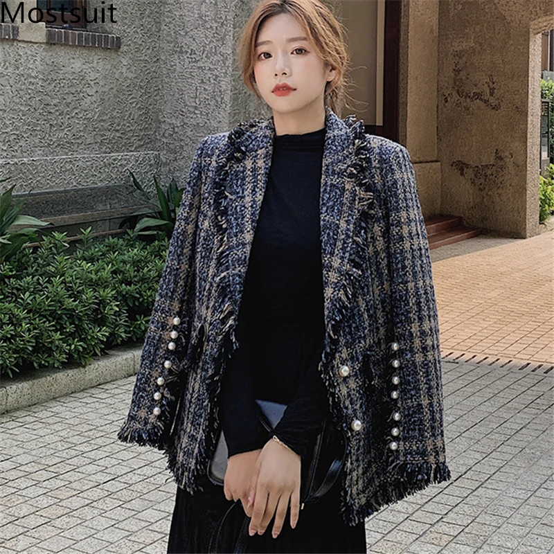 Женский твидовый блейзер с жемчугом винтажный клетчатый пиджак длинным рукавом