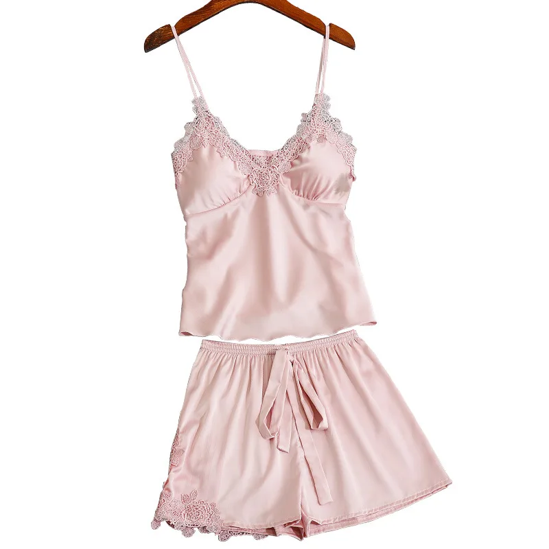 

Strap Pajamas Women Summer Sexy Ice Silk Shorts Two-Piece Set With Chest Pad Can Wear Outside Suit Silk Intimate Lingerie
