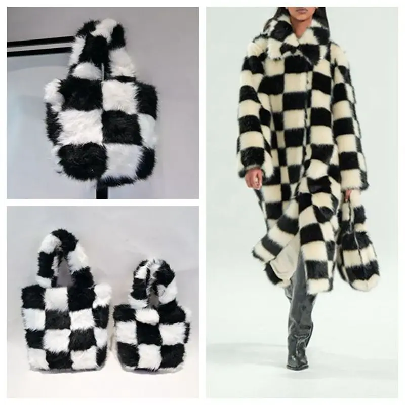 

Fashion Black White Plaid Plush Large Tote Bag Luxury Faux Fur Women Hanbag Casual Shoulder Crossbody Bags Big Shopper Sac 2021