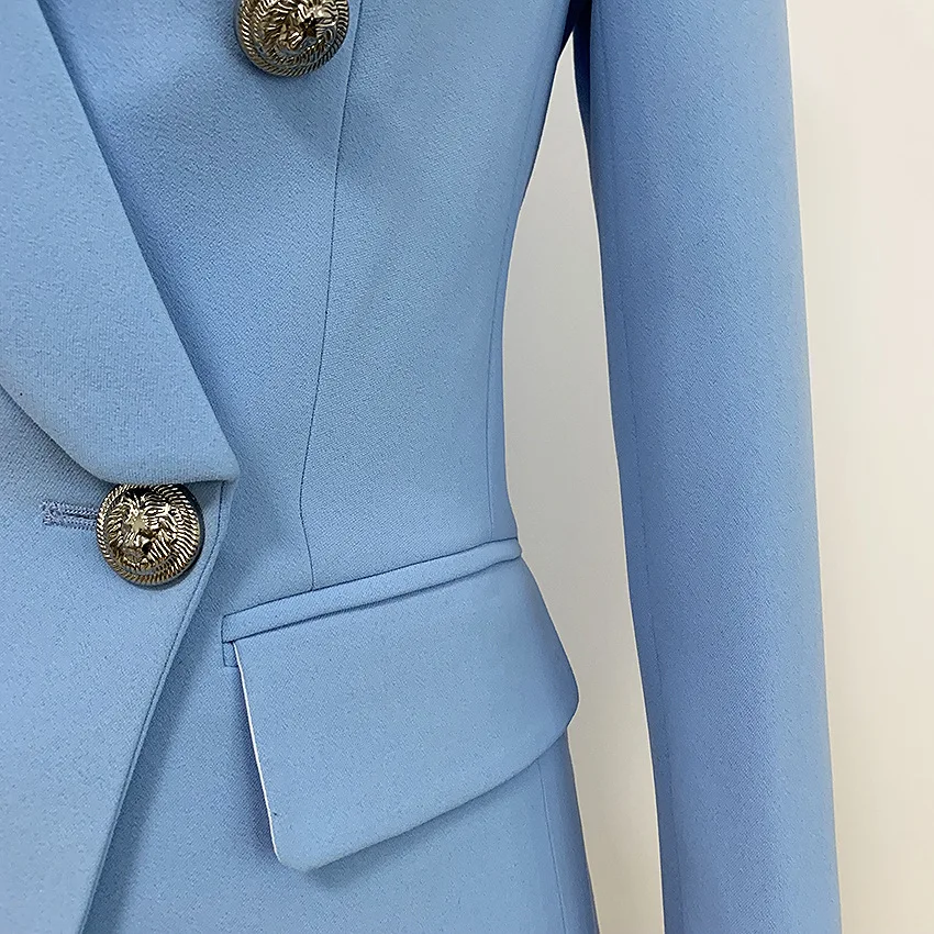 

High Street 2021 Brand Designer Blazer Women's Metal Lion Buttons Double Breasted Classic Blazer Ladies Blue Jacket Traf Noir