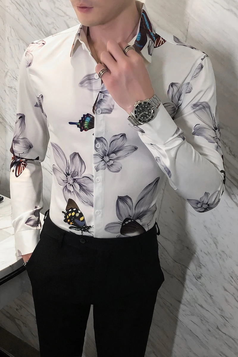 Британский Стиль Осень новая цифровая печать тонкая посадка с длинным рукавом