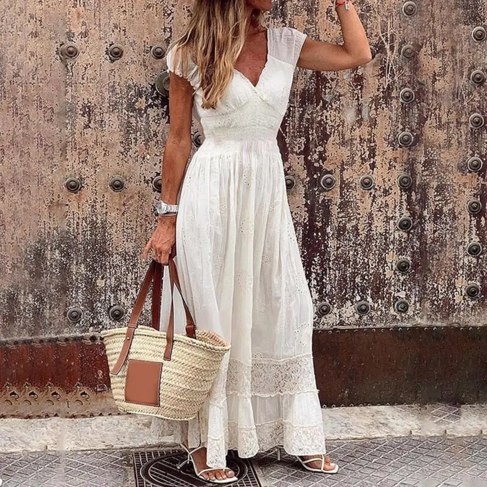 

Women Dress Elegant Ladies Solid Color V Neck Lace Stitching Slim Sleeveless Casual Dress Fashion Medium Waist Long Dress