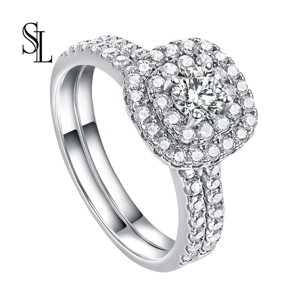 

SL 2pcs Halo Wedding Sliver Rings For Women Solid 925 Sterling Silver Elegant Jewelry Round Cubic Zirconia Engagement Ring Set