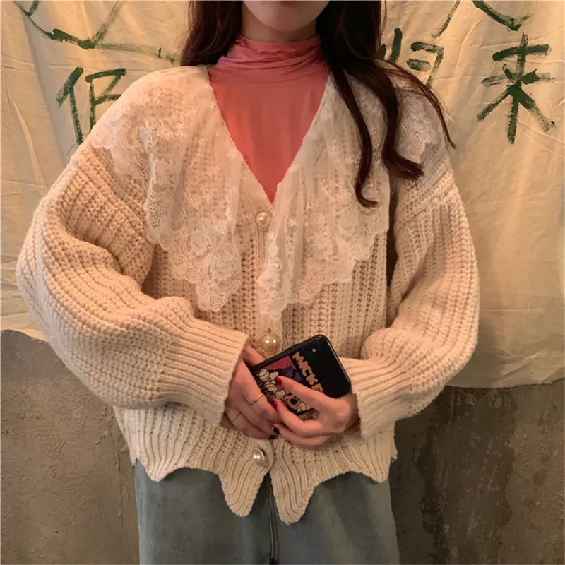 Женский офисный кардиган с кружевом Alien Kitty Осенний вязаный в стиле пэчворк V