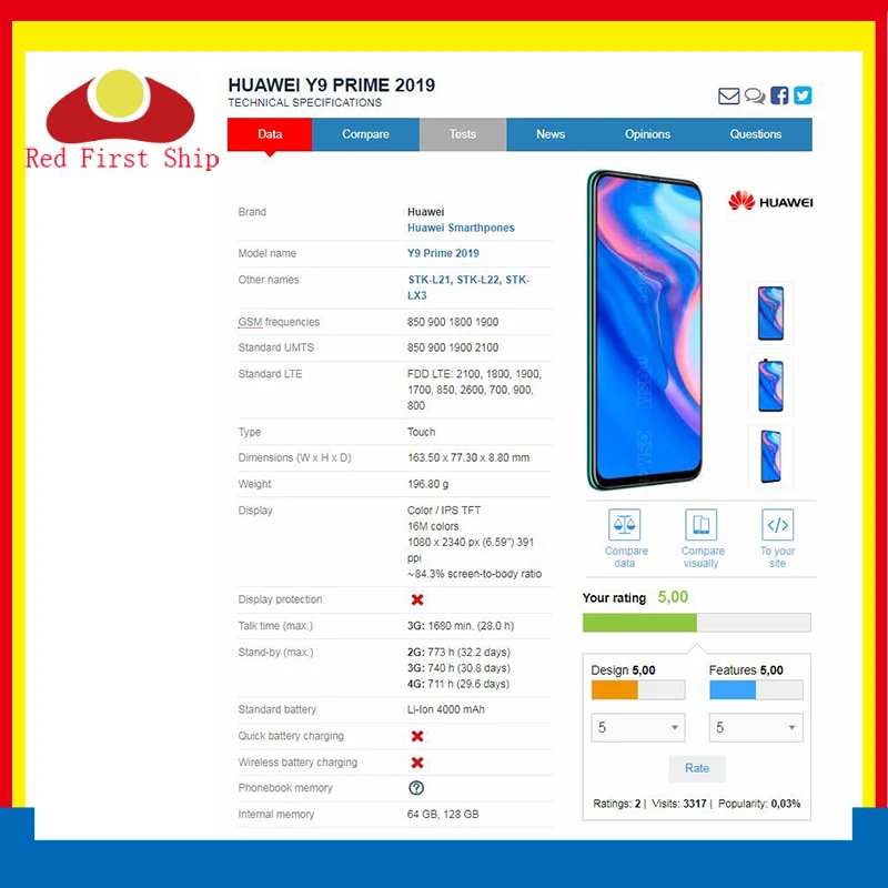 10 шт./лот сенсорный экран для huawei Y9 Prime 2019 Сенсорная панель передняя внешняя