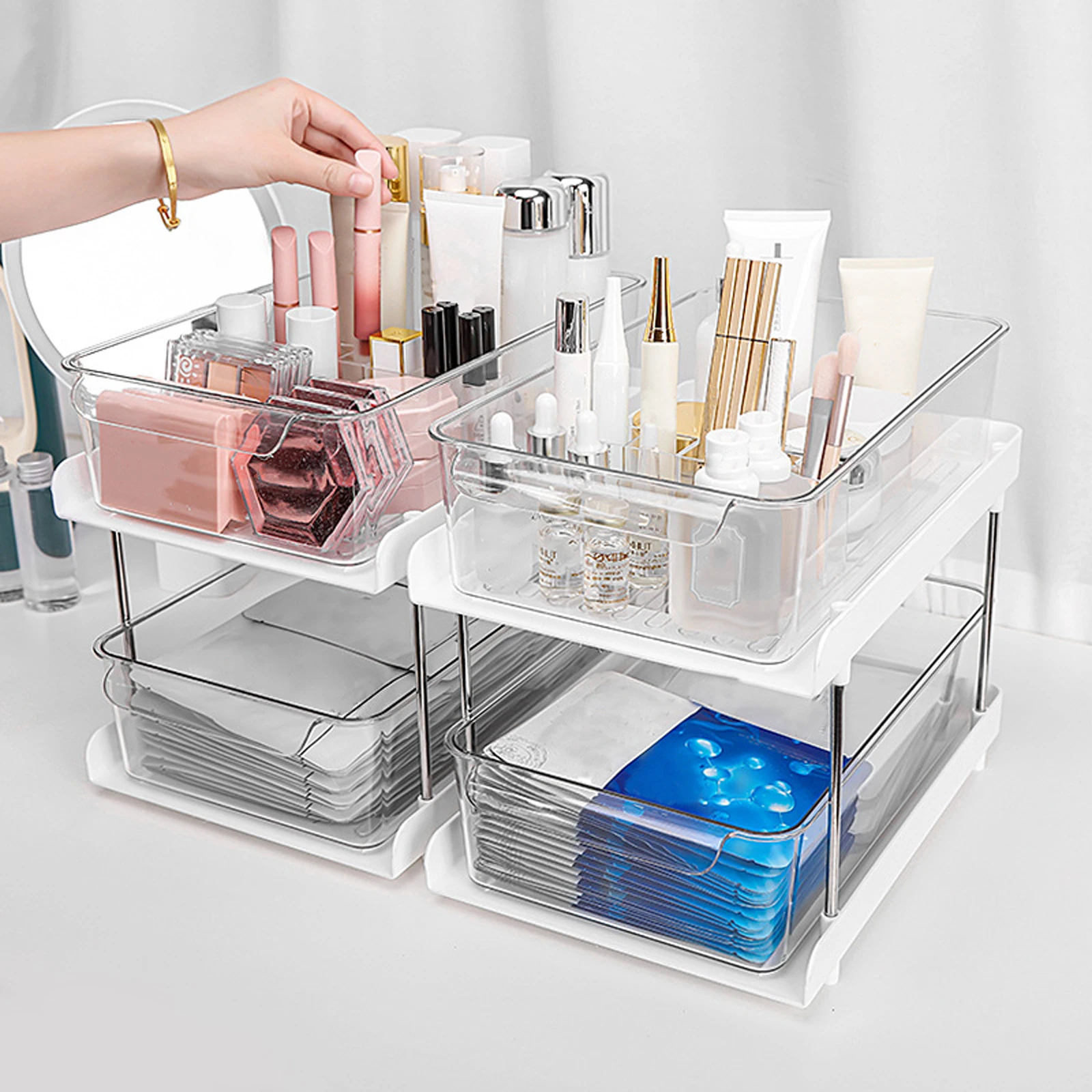

Storage Box, Household Double-Layer Transparent Storage Rack Makeup Organizer for Cosmetics