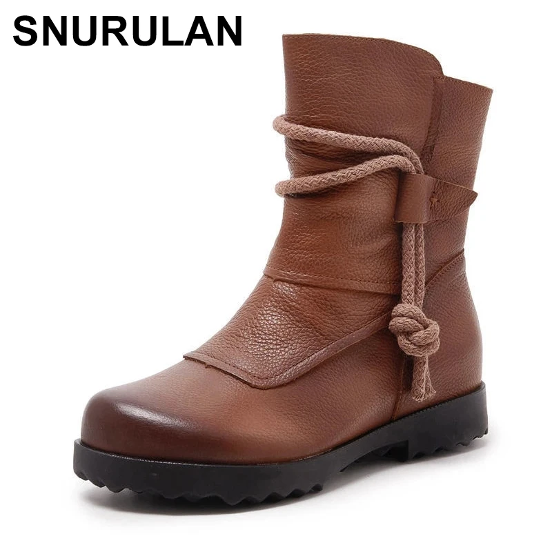 

SNURULAN Winter Warm Plush Vintage Genuine Leather Mid Calf Boots Woman Flat Mid Heel 3.5CM 2021 Spring Zipreal Leather Boots