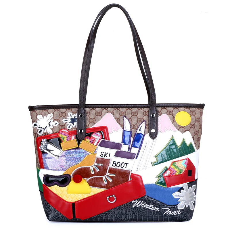 Luxury Bag Women Bags Leather Patchwork Embroidery Shoulder Bags Handbag Female Tote Braccialini Style Snow Mountain Scenery