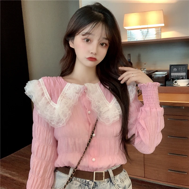 

Chiffon Lace-up Sweet Style Blouse Pink Autumn Women's Clothing Long Sleeve Shirts Korean Fashion Clothes Female Tops New