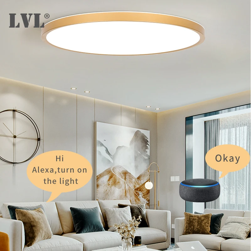 $26.88 Modern Led Smart Ceiling Light Golden Wood Grain Dimmable Home Lighing WiFi Tuya App Voice Control Surface Mounting Ceiling Lamp