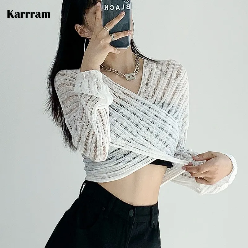 

Сексуальные прозрачные укороченные свитера Karrram, Женский пуловер с V-образным вырезом и перекрестными вставками, полупрозрачные укороченны...