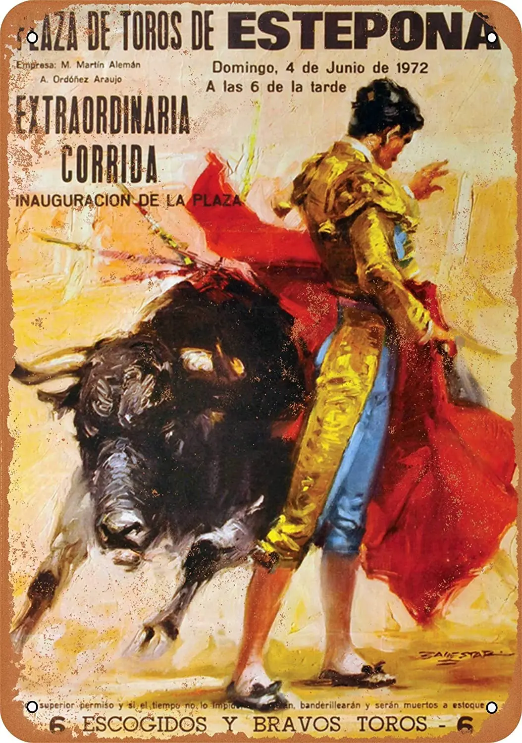 

8 x 12 inches Metal Vintage Funny Tin Sign 1972 Bullfighting in Spain