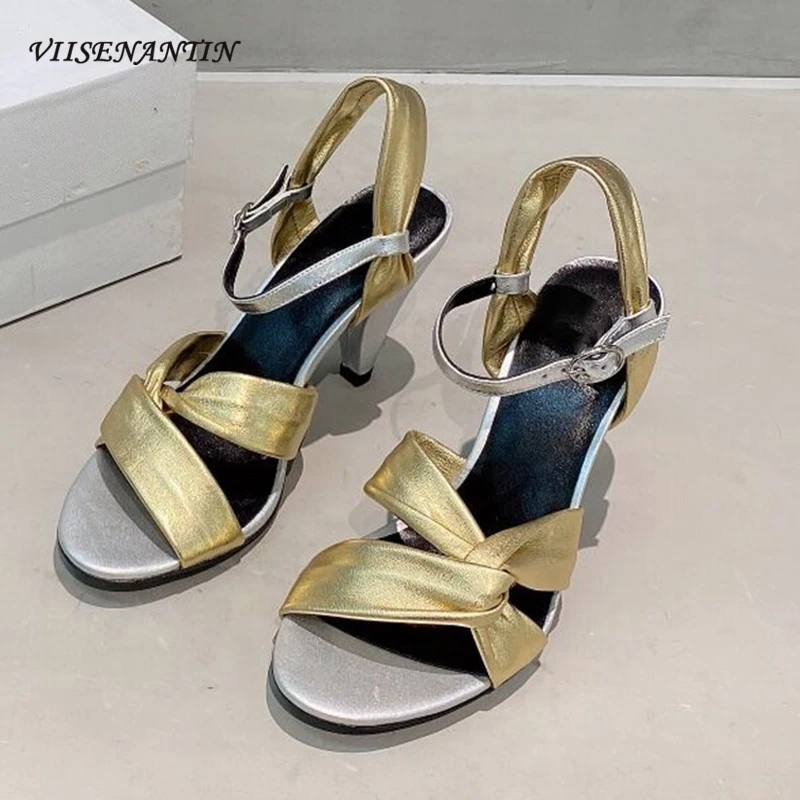 

Summer New Style Golden Bow High-heeled Sandals Female Thick Heel Leather Open Toe Buckle Fairy Roman Shoes