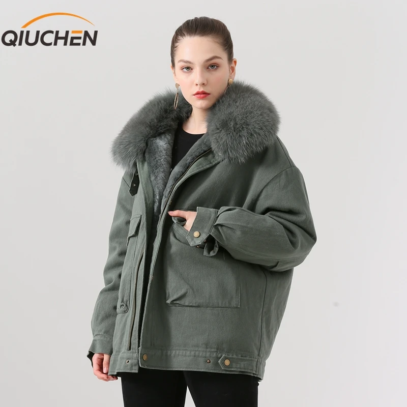QIUCHEN PJ19015 Новое поступление Женская зимняя подкладка из кроличьего меха с лисьим