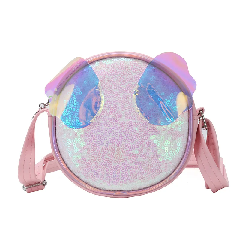 

2021 Children's Single-shoulder Messenger Laser Bag PU Round Bag Little Girl Sequin Coin Purse Cute Cartoon Travel Outdoor Bag