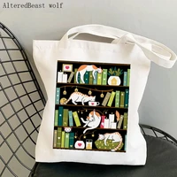 women shopper bag cats on the book printed kawaii bag harajuku shopping canvas shopper bag girl handbag tote shoulder lady bag