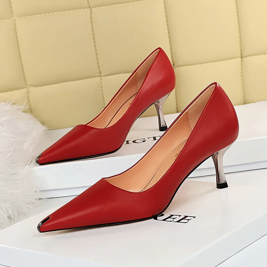 

2020 HOT Women Shoes Stiletto 6cm High Heels Women Pumps Thin Heel Leather Metal Pointed Toe Ladies Party Wedding Woman Shoes