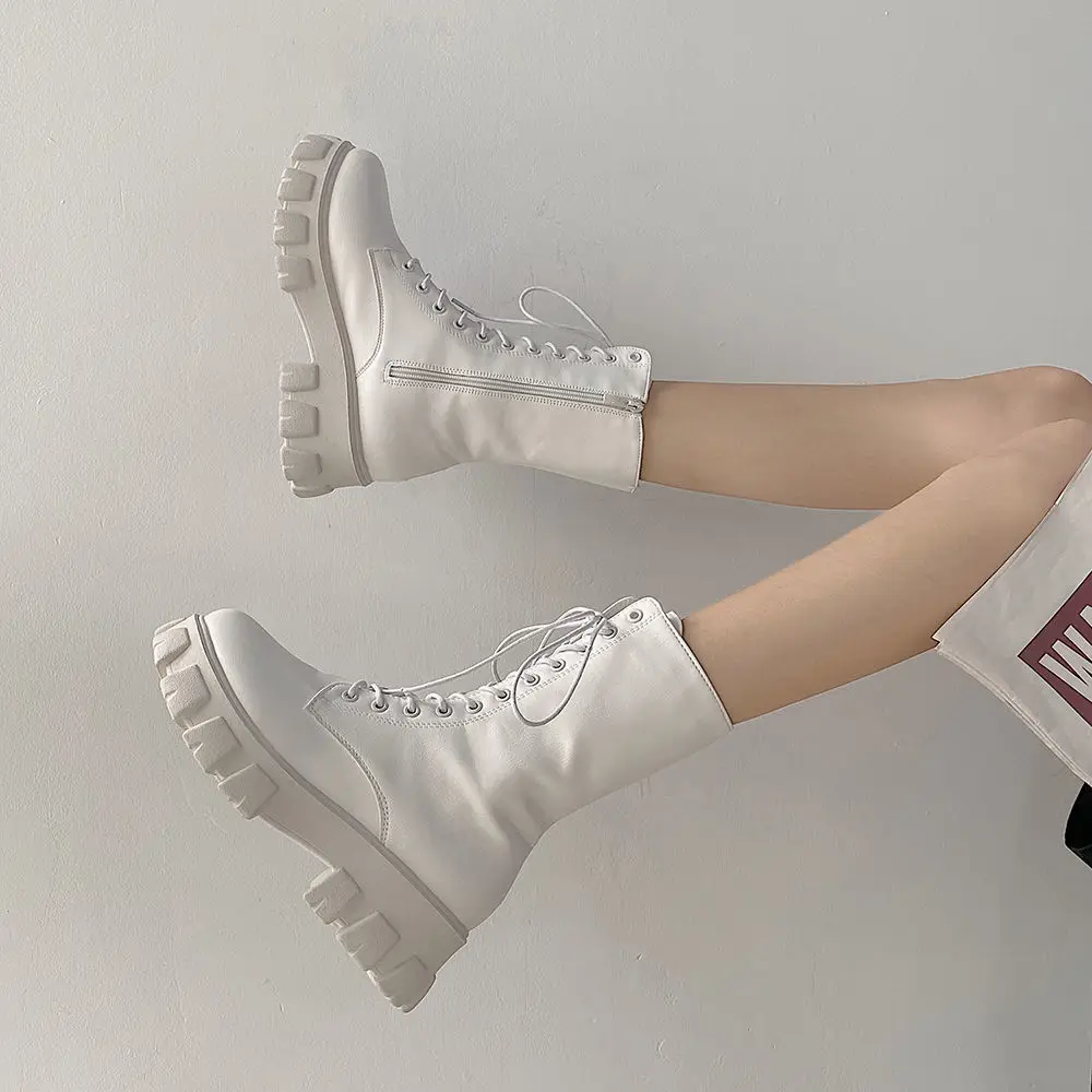 Women's Martens Boots Pu Leather White Ankle Boots Autumn  Winter Motorcycle Boots Fashion Female Chunky Heel Plarform Boots