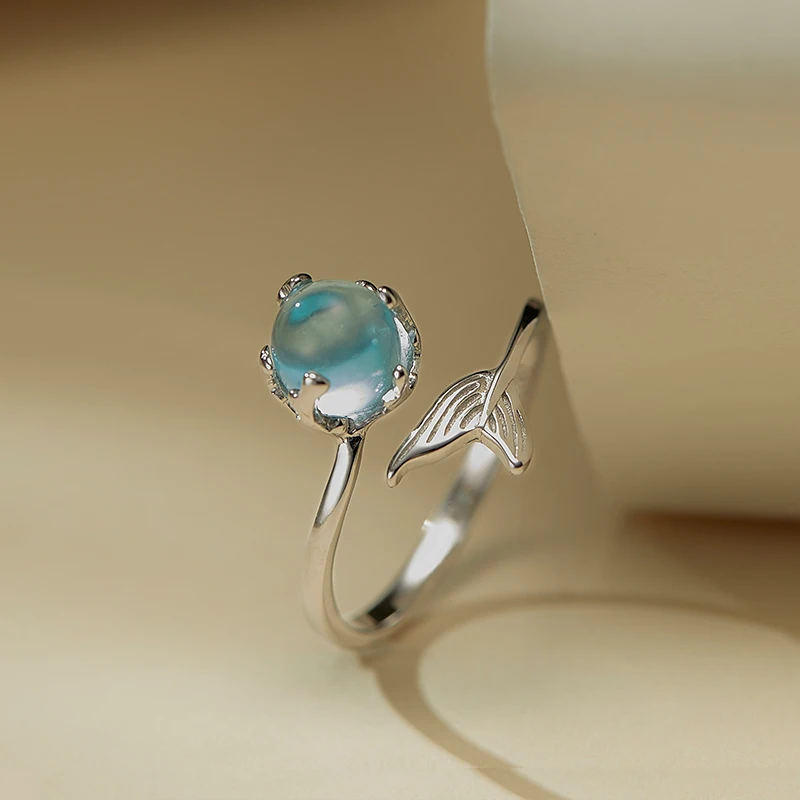 Оптовая продажа серебристые открытые кольца с синим кристаллом в форме русалки