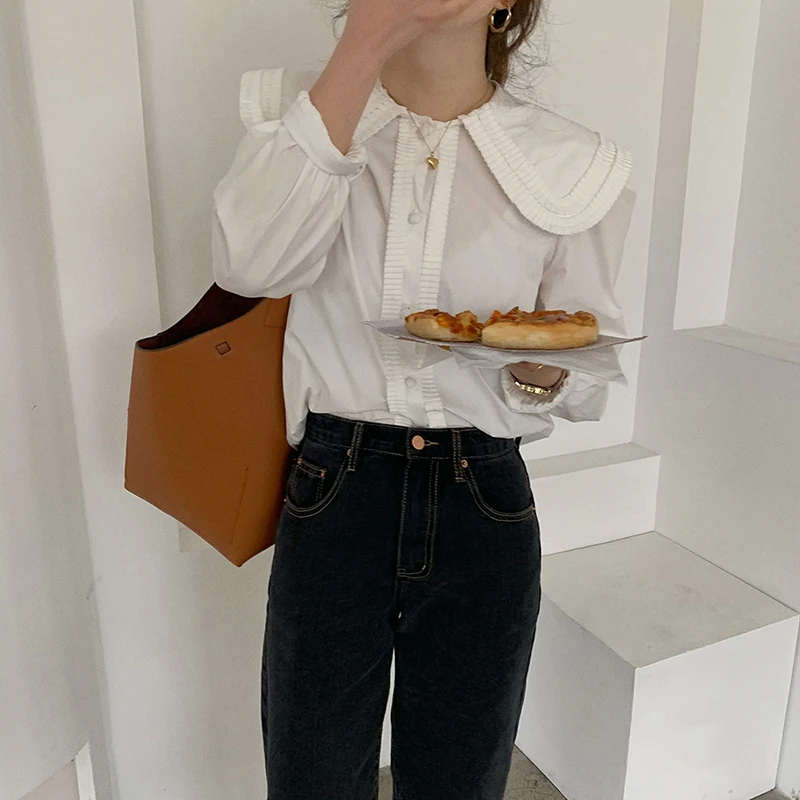

GALCAUR Sweet Blue Shirts Peter Pan Collar Long Sleeve Single Breasted Ruched Casual Blouses Female Spring 2021 Clothes Fashion