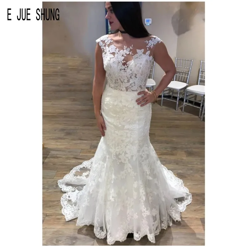 

E JUE SHUNG Beach Mermaid Wedding Dresses Scoop Neck Illusion Buttons Back Full Lace Appliques Bridal Gowns vestido de noiva