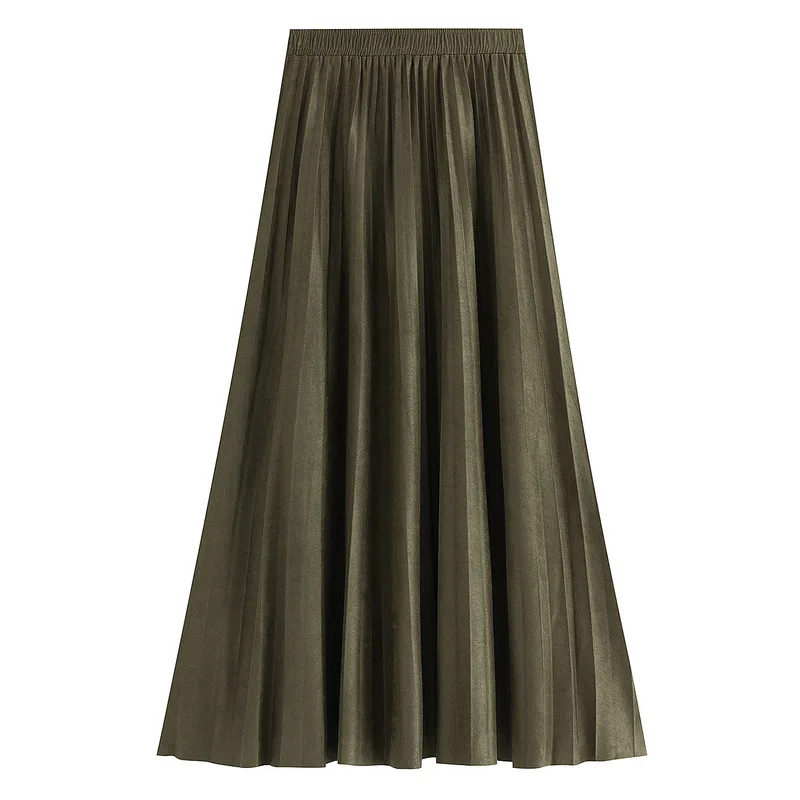 

Autumn Colored Suede A-line Long Pleated Skirt Korean Style Velvet Drape Solid Calf Long Skirts Green Red Gray