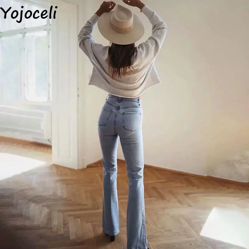 

Винтажные длинные джинсовые брюки Yojoceli с высокой талией, модные повседневные милые синие женские джинсовые брюки на осень