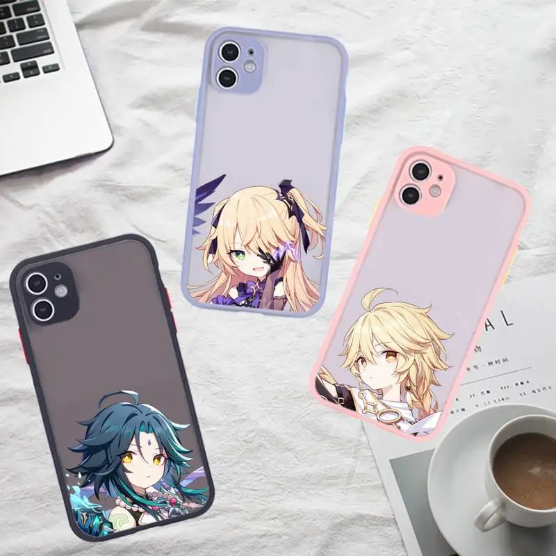 

Genshin impact cute cartoon Phone Case For iPhone 12 11 Mini Pro XR XS Max 7 8 Plus X Matte transparent Gray Back Cover
