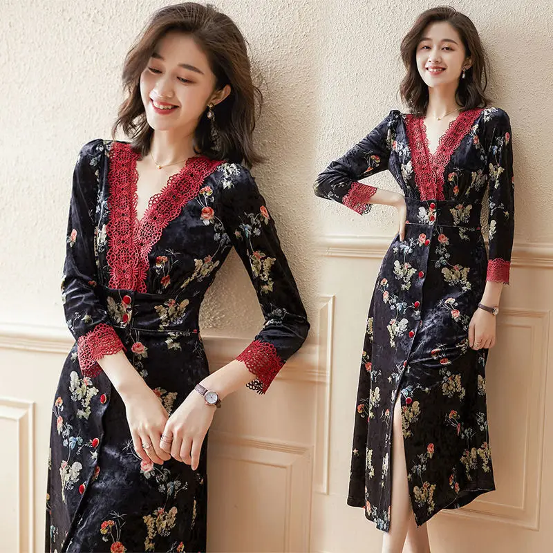 

2020 autumn print slim retro gold velvet Medium Length Dress Plus Size Sexy V-neck lace single breasted elegant party dress