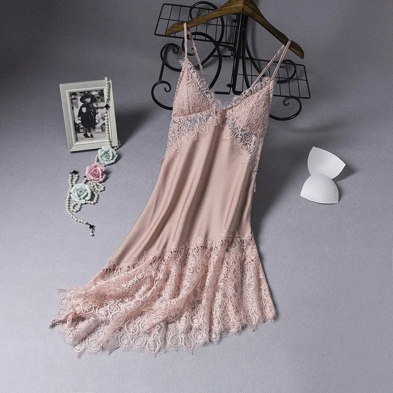 Lace Hollow Out Nightdress Sexy Female Nightgown Strap Sleepwear Bride Summer Dressing Gown Loungewear With Pads Sleep Dress