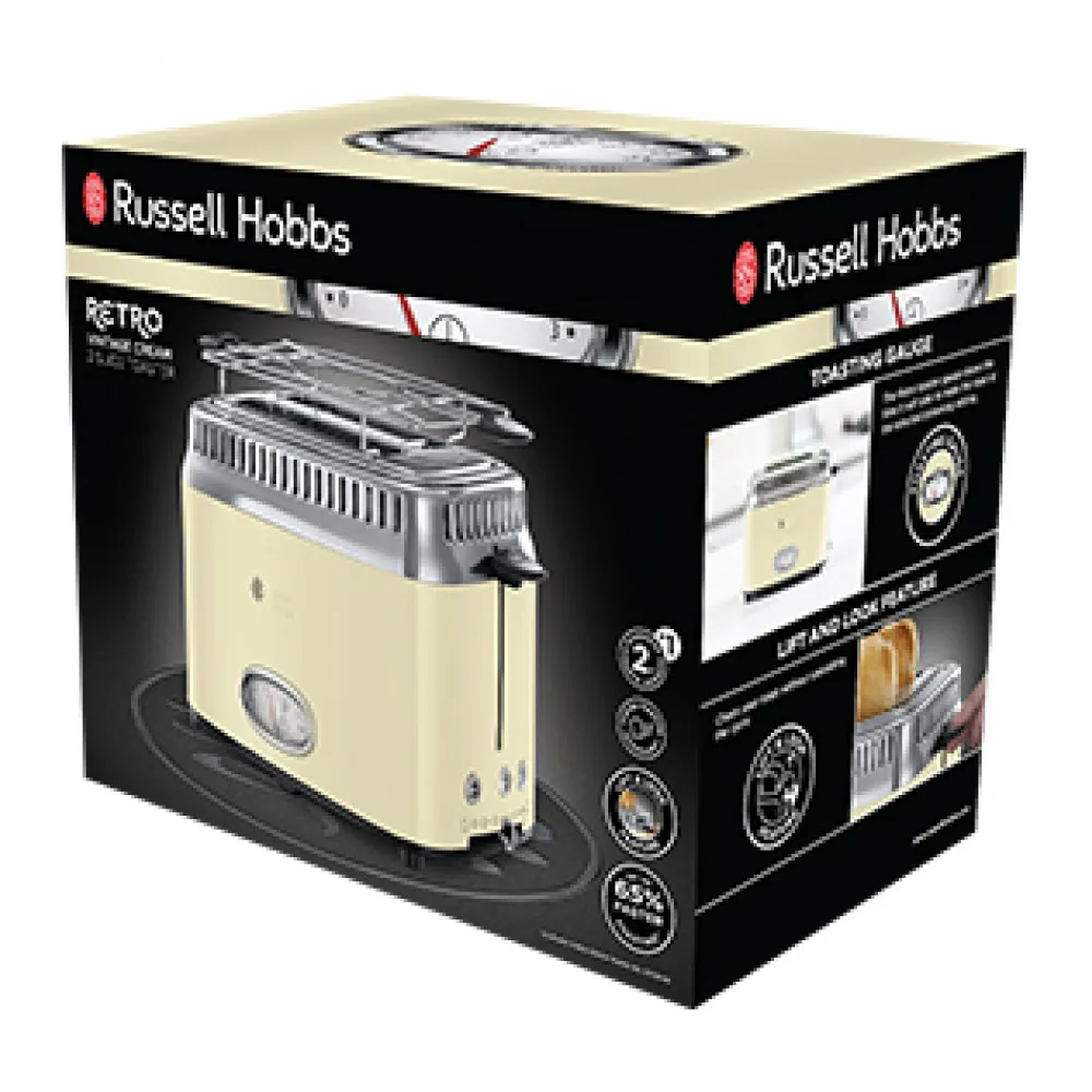 Toasters Russell Hobbs 21682-56 Home Appliances Kitchen Cooking Appliance Retro cream toaster Automatic Pop-Up Function Stainless Steel Mechanical