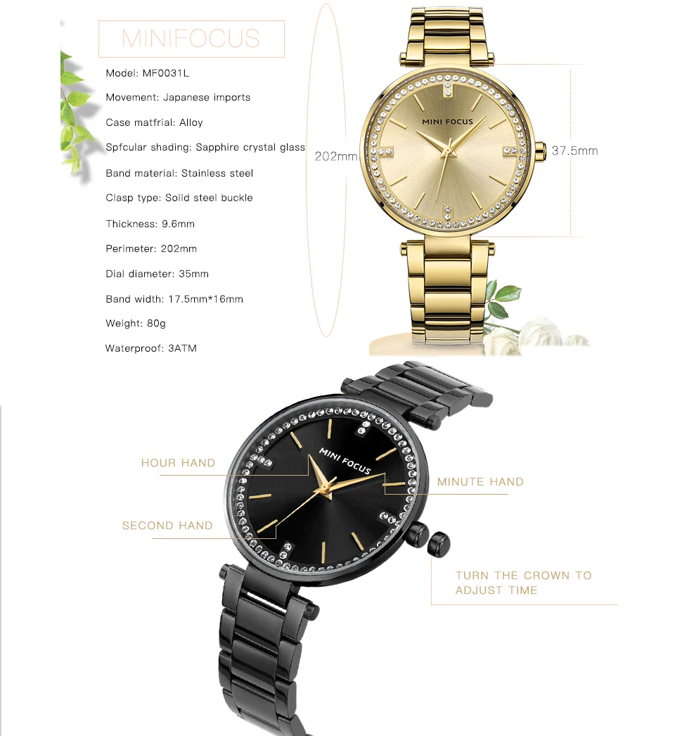 MINIFOCUS 2018 женские часы Лидирующий бренд Роскошные Кварцевые розовое золото