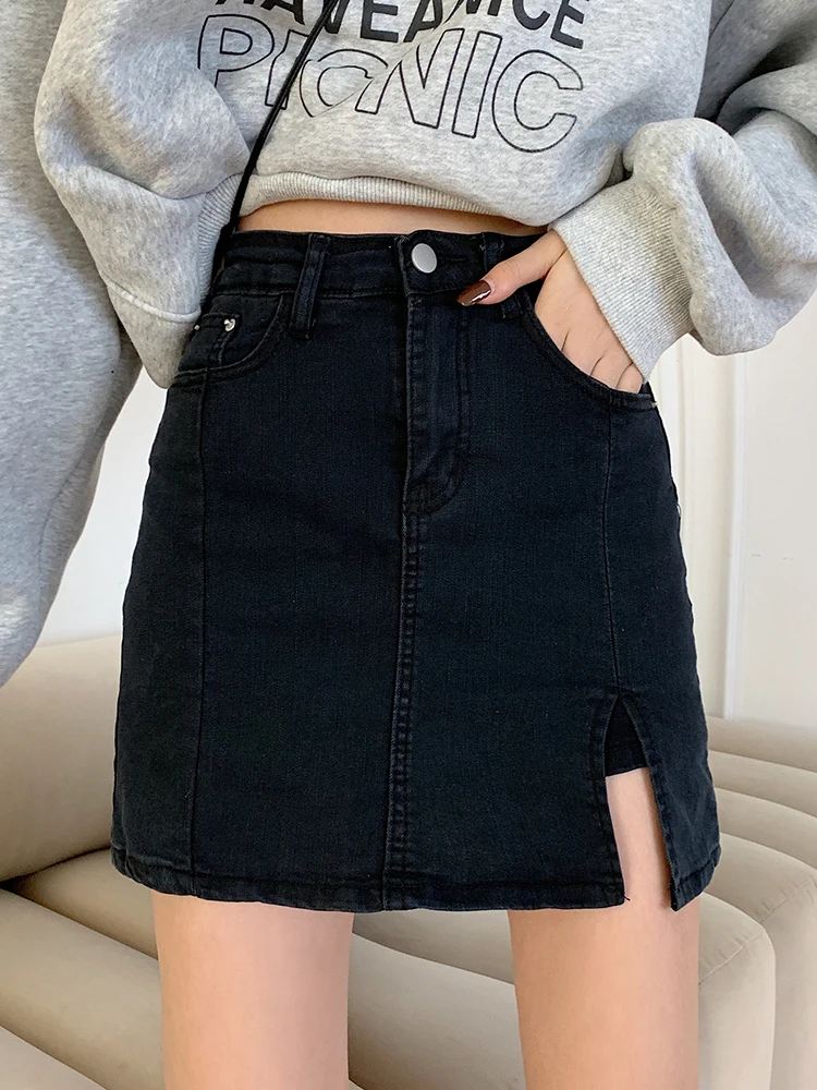 

Женская джинсовая юбка с разрезами по бокам, Повседневная простая универсальная облегающая юбка-шорты с высокой талией, 2021