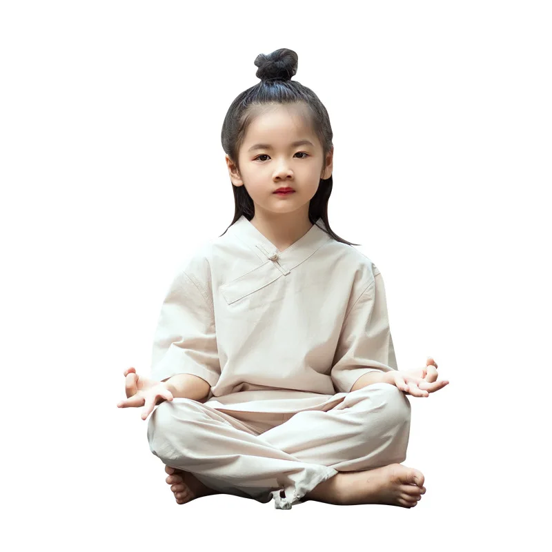

Kids Taichi Kungfu Uniforms Yoga Set Linen Loose Yoga Pant Bloomers Yoga Shirt Girls Boy Casual Meditation Outfit Set Sportswear