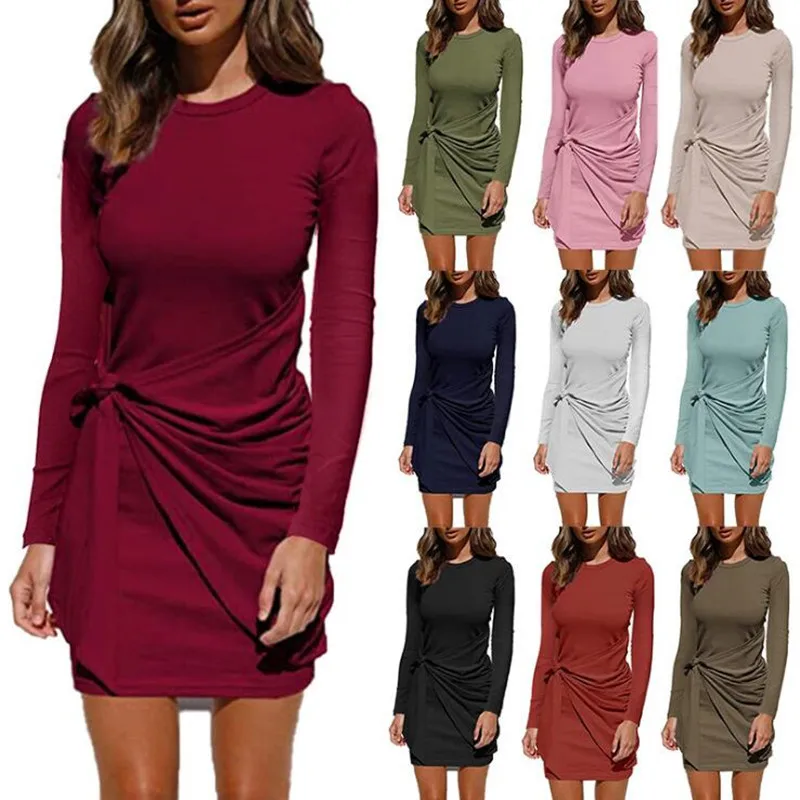 2022 European And American Womens Autumn And Winter Casual Pleated Lace
Up Knotted Long Sleeved Dress